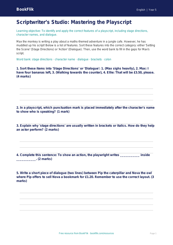 Free Playscripts Activity Sheet | Class 5 | English | BookFlik worksheet preview — English Playscripts