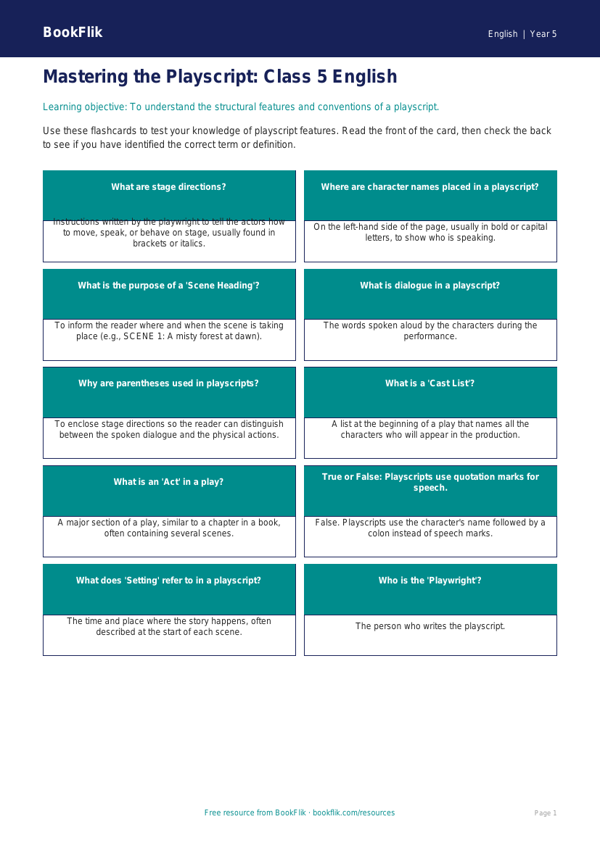 Free Playscripts Flashcards | Class 5 | English | BookFlik worksheet preview — English Playscripts