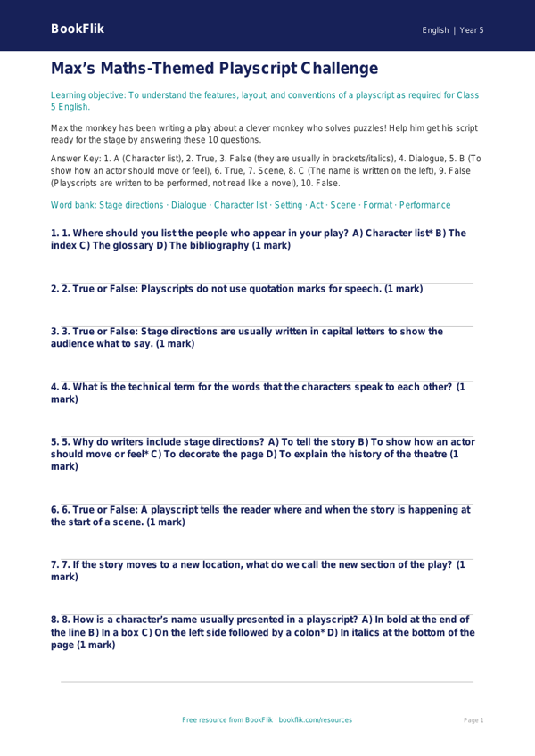 Free Playscripts Quiz | Class 5 | English | BookFlik worksheet preview — English Playscripts