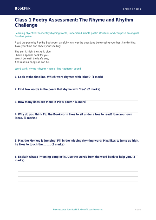 Free Poetry Assessment | Class 1 | English | BookFlik worksheet preview — English Poetry