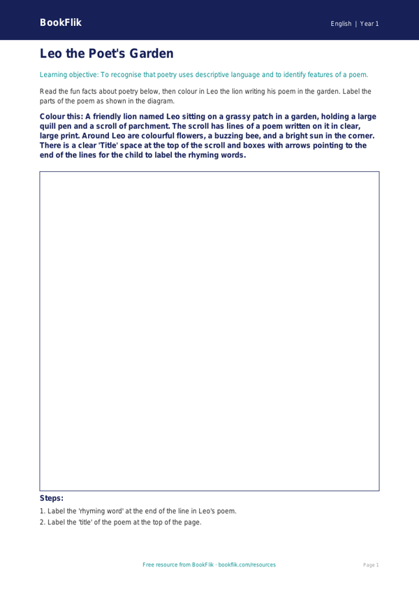 Free Poetry Colouring Page | Class 1 | English | BookFlik worksheet preview — English Poetry