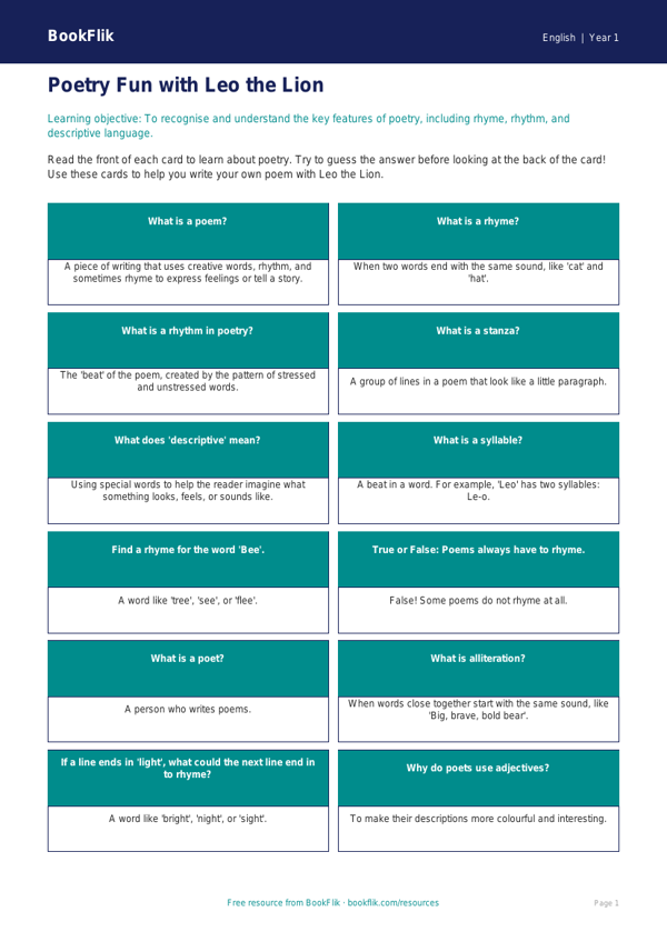 Free Poetry Flashcards | Class 1 | English | BookFlik worksheet preview — English Poetry