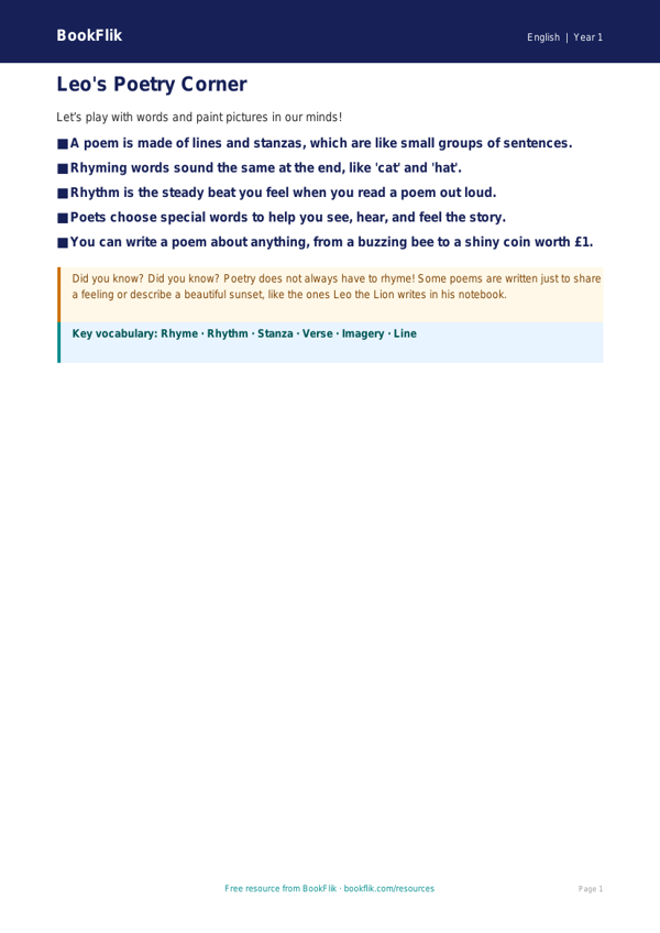 Free Poetry Poster | Class 1 | English | BookFlik worksheet preview — English Poetry