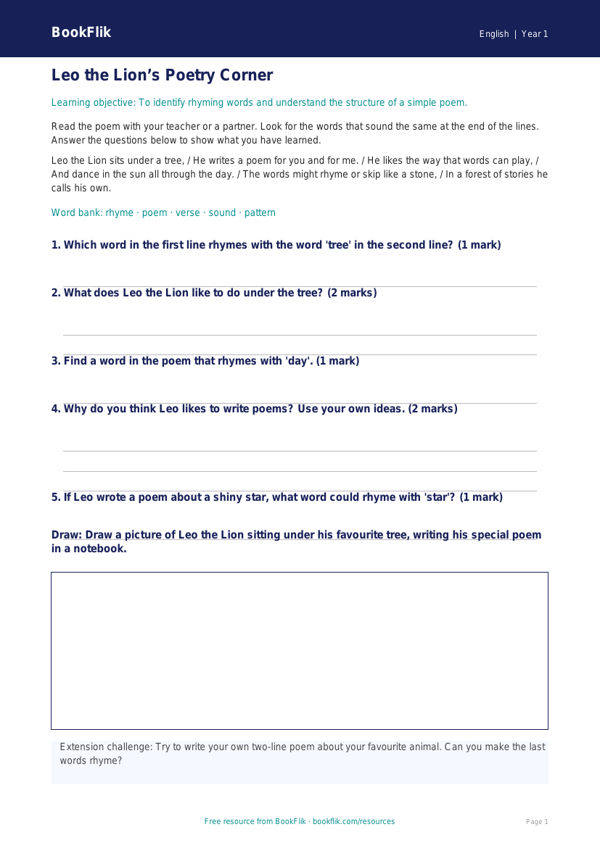 Free Poetry Track Sheet | Class 1 | English | BookFlik worksheet preview — English Poetry