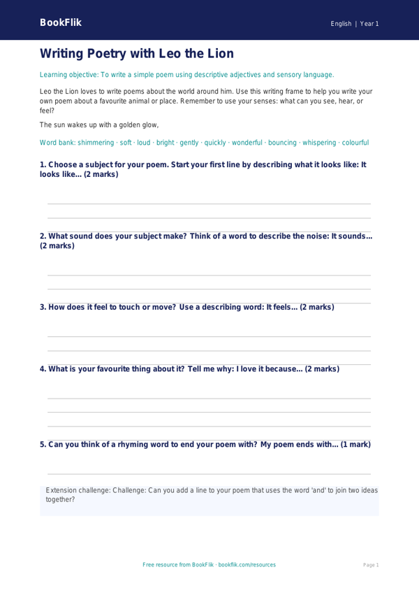 Free Poetry Writing Frame | Class 1 | English | BookFlik worksheet preview — English Poetry