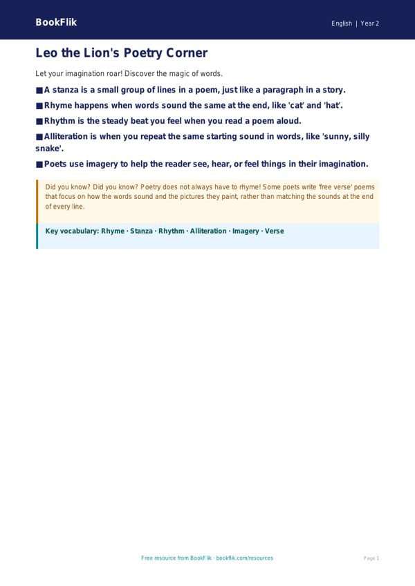Free Poetry Poster | Class 2 | English | BookFlik worksheet preview — English Poetry