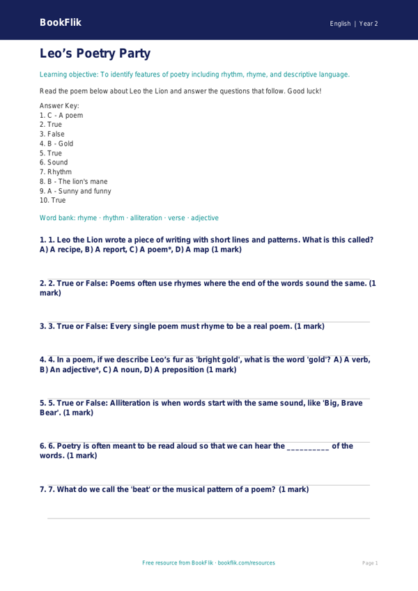 Free Poetry Quiz | Class 2 | English | BookFlik worksheet preview — English Poetry