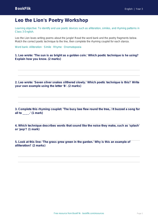 Free Poetry Activity Sheet | Class 3 | English | BookFlik worksheet preview — English Poetry
