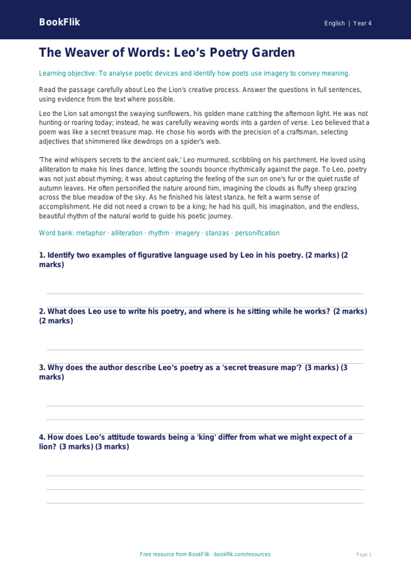 English poetry comprehension class 4 greater depth worksheet preview — English Poetry