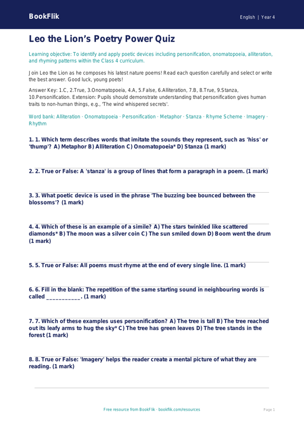 Poetry Quiz for Class 4 | CBSE English Resources | BookFlik worksheet preview — English Poetry