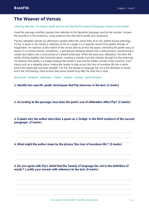 Free Poetry Comprehension | Class 5 | English | BookFlik worksheet preview — English Poetry