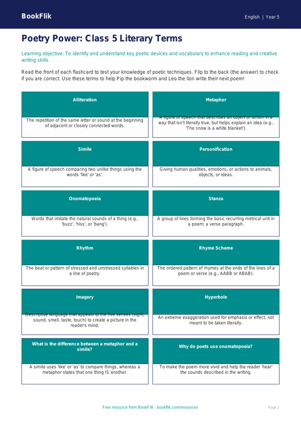Free Poetry Flashcards | Class 5 | English | BookFlik worksheet preview — English Poetry