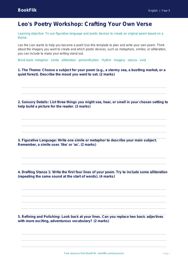 Free Poetry Template for Class 5 English | BookFlik Resources worksheet preview — English Poetry