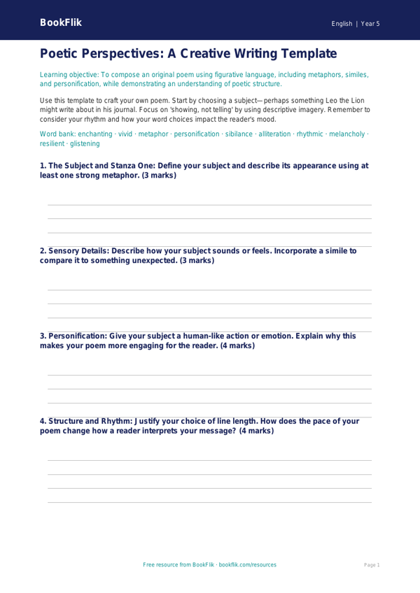 Free Poetry Template | Class 5 | English | BookFlik worksheet preview — English Poetry