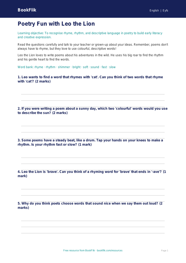 Free Poetry Worksheet | Nursery / LKG | English | BookFlik worksheet preview — English Poetry