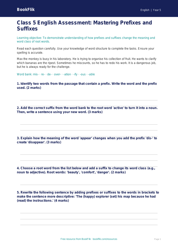 Free Prefixes And Suffixes Assessment | Class 5 | English | BookFlik worksheet preview — English Prefixes And Suffixes