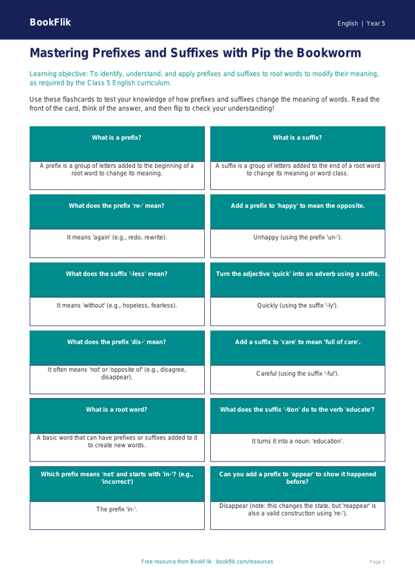 Free Prefixes And Suffixes Flashcards | Class 5 | English | BookFlik worksheet preview — English Prefixes And Suffixes
