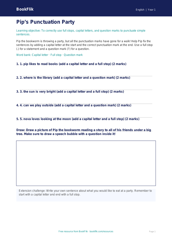 Free Punctuation Activity Sheet | Class 1 | English | BookFlik worksheet preview — English Punctuation