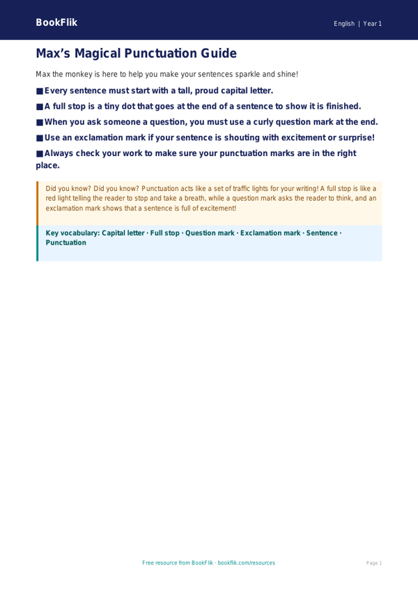 Free Punctuation Poster for Class 1 | CBSE English | BookFlik worksheet preview — English Punctuation