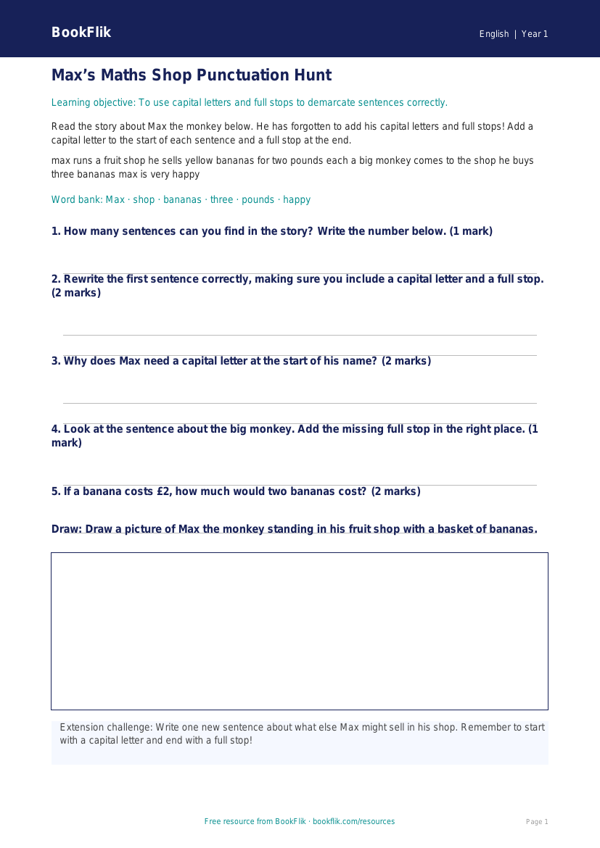 Free Punctuation Track Sheet | Class 1 | English | BookFlik worksheet preview — English Punctuation