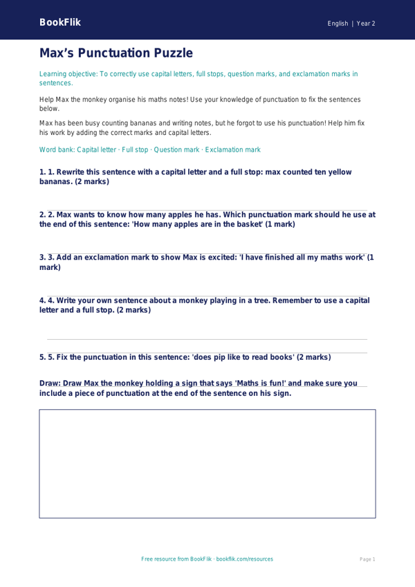 Free Punctuation Worksheet | Class 2 | English | BookFlik worksheet preview — English Punctuation