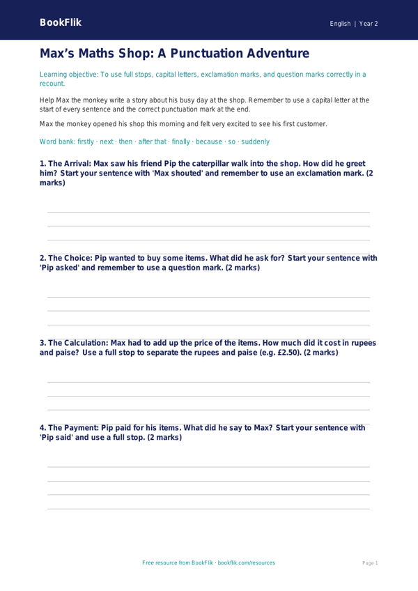 Free Punctuation Writing Frame | Class 2 | English | BookFlik worksheet preview — English Punctuation