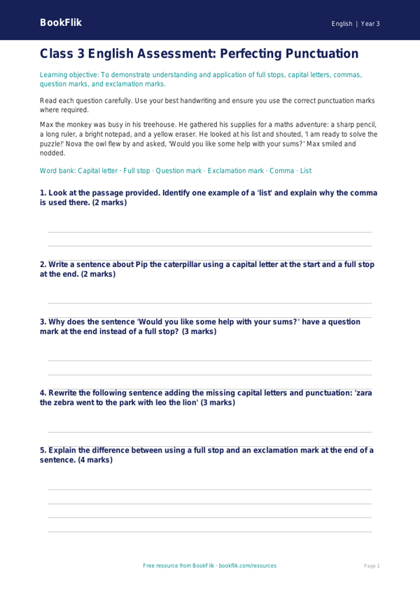 Free Punctuation Assessment | Class 3 | English | BookFlik worksheet preview — English Punctuation
