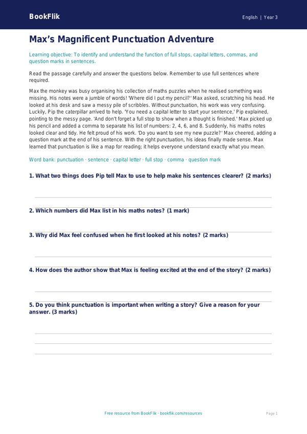 Free Punctuation Comprehension | Class 3 | English | BookFlik worksheet preview — English Punctuation