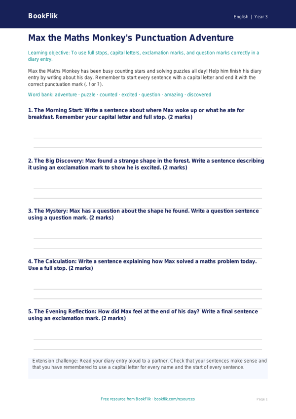 Free Punctuation Template | Class 3 | English | BookFlik worksheet preview — English Punctuation