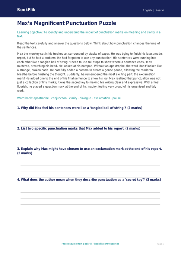 English punctuation comprehension class 4 greater depth worksheet preview — English Punctuation