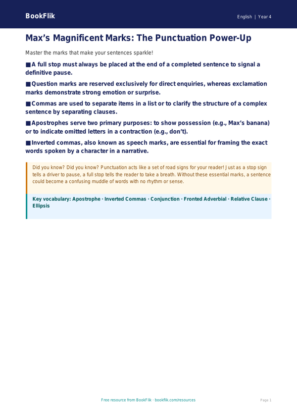 Free Punctuation Poster | Class 4 | English | BookFlik worksheet preview — English Punctuation