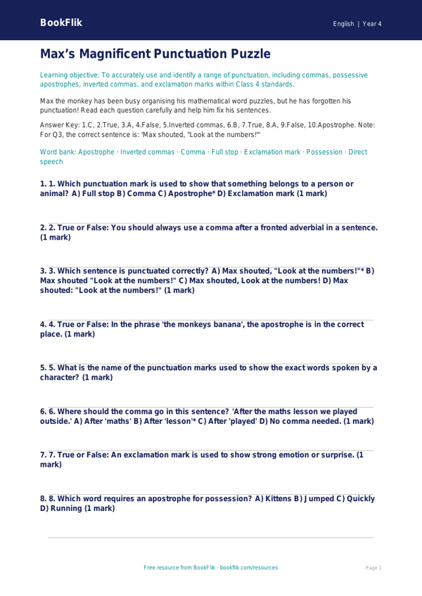 Free Punctuation Quiz | Class 4 | English | BookFlik worksheet preview — English Punctuation