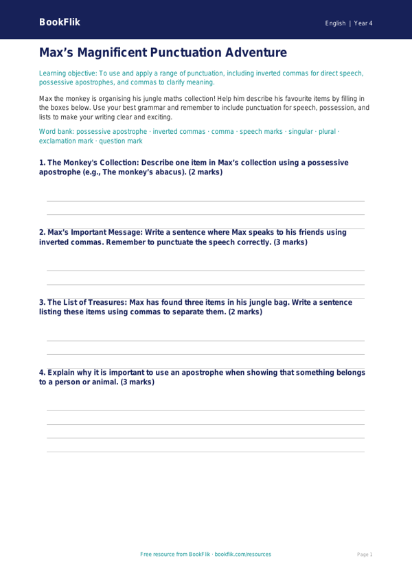 Free Punctuation Template | Class 4 | English | BookFlik worksheet preview — English Punctuation