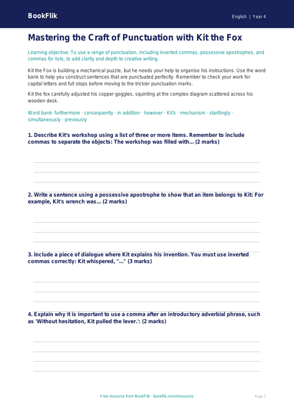 Free Punctuation Writing Frame | Class 4 | English | BookFlik worksheet preview — English Punctuation