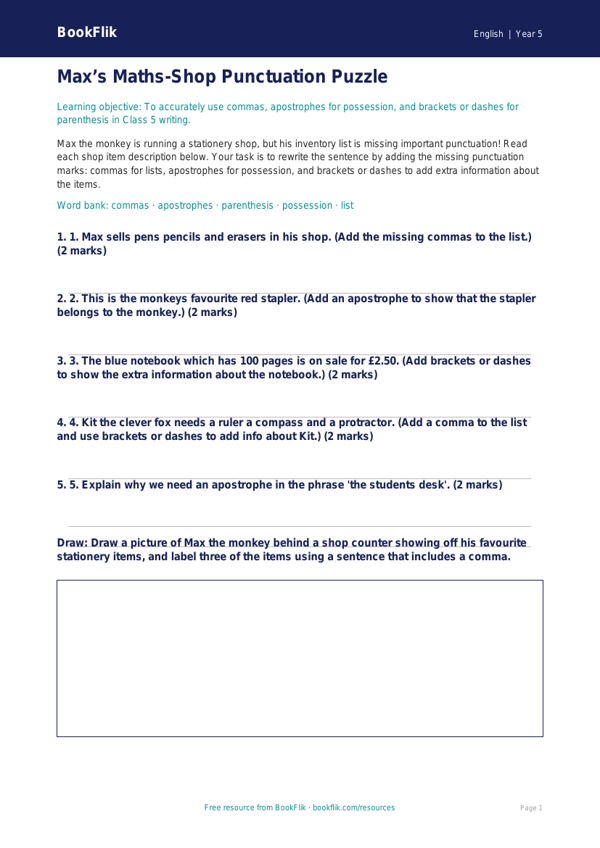 Free Punctuation Activity Sheet | Class 5 | English | BookFlik worksheet preview — English Punctuation