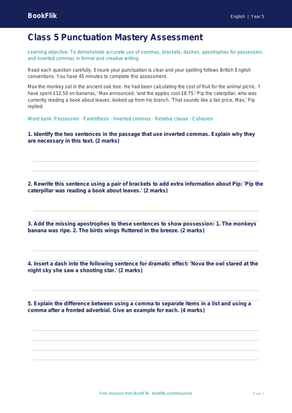 Free Punctuation Assessment | Class 5 | English | BookFlik worksheet preview — English Punctuation