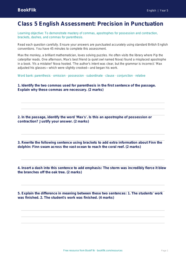 Punctuation Assessment for Class 5 | CBSE English | BookFlik worksheet preview — English Punctuation