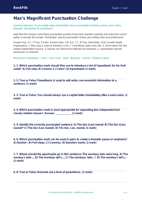 Advanced Punctuation Quiz for Class 5 | CBSE English | BookFlik worksheet preview — English Punctuation