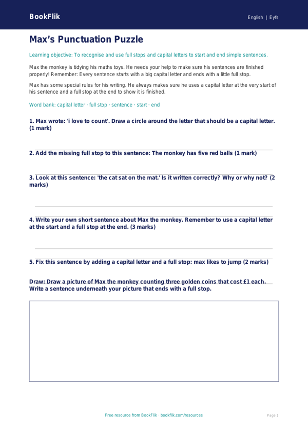 Free Punctuation Worksheet | Nursery / LKG | English | BookFlik worksheet preview — English Punctuation
