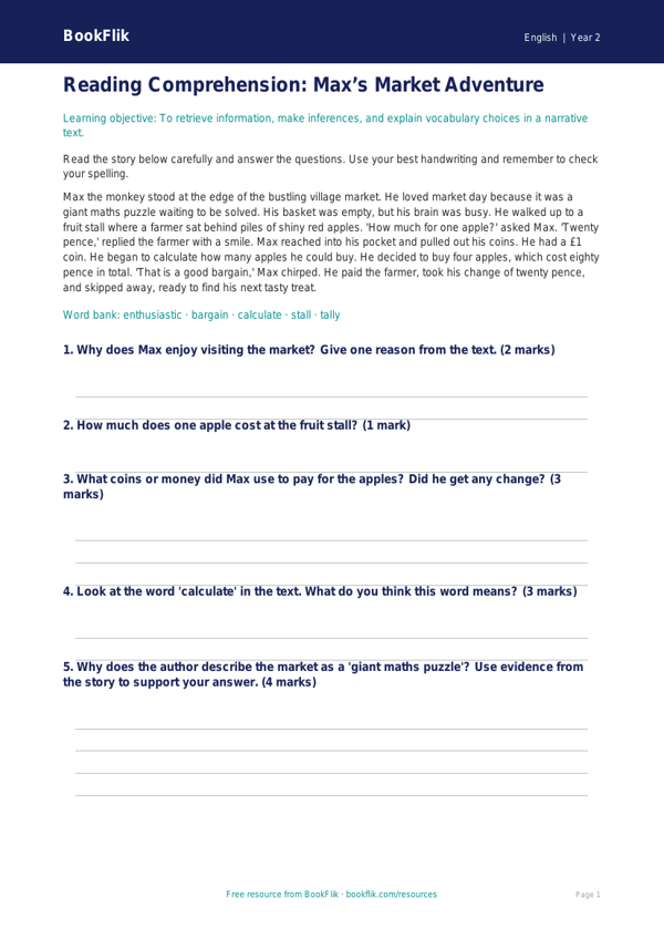 Free Reading Comprehension Assessment | Class 2 | English | BookFlik worksheet preview — English Reading Comprehension