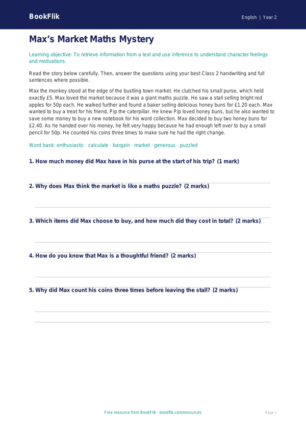 Free Reading Comprehension Worksheet | Class 2 | English | BookFlik worksheet preview — English Reading Comprehension