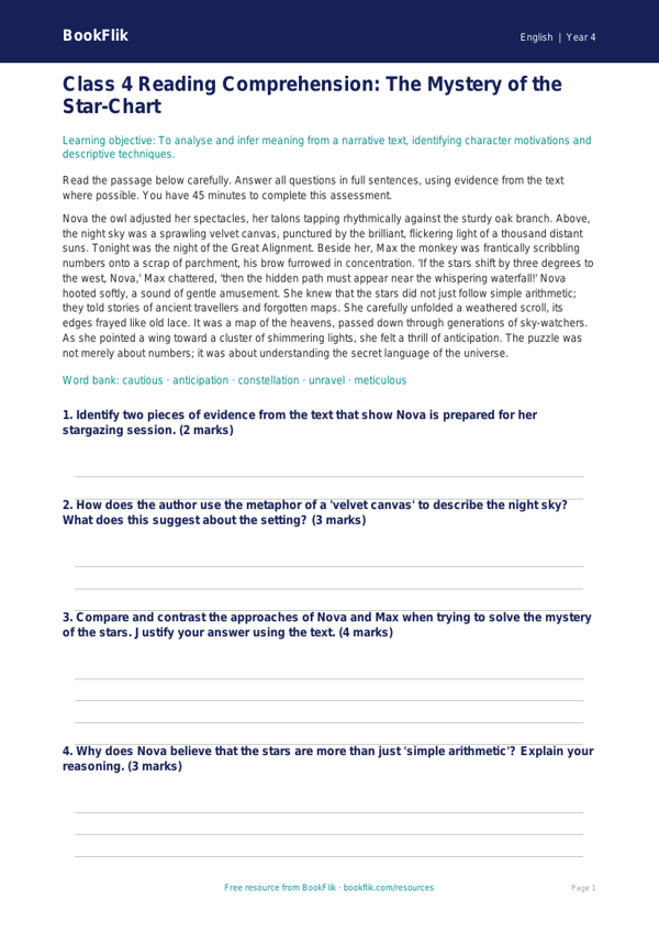 Free Reading Comprehension Assessment | Class 4 | English | BookFlik worksheet preview — English Reading Comprehension