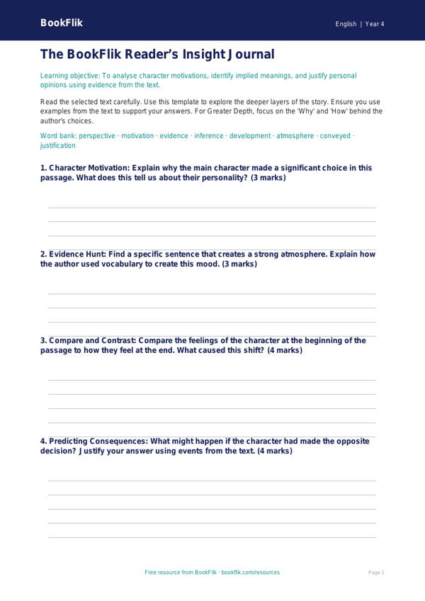 Free Reading Comprehension Template | Class 4 | English | BookFlik worksheet preview — English Reading Comprehension