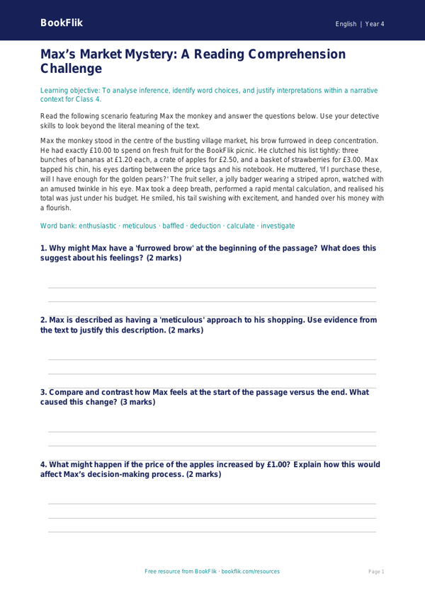 Free Reading Comprehension Worksheet | Class 4 | English | BookFlik worksheet preview — English Reading Comprehension