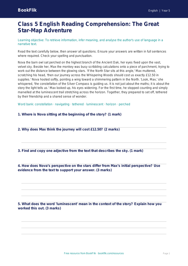 Free Reading Comprehension Assessment | Class 5 | English | BookFlik worksheet preview — English Reading Comprehension