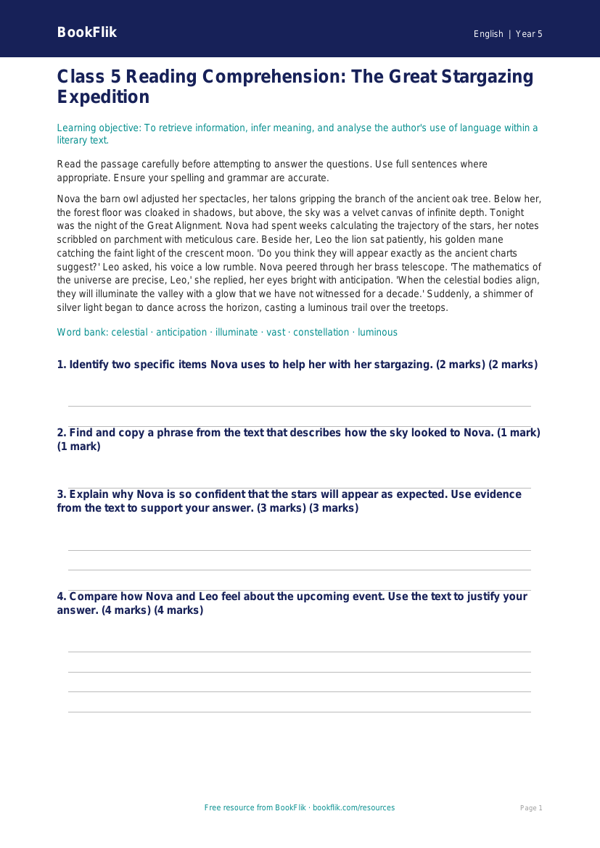 Free Reading Comprehension Assessment | Class 5 | English | BookFlik worksheet preview — English Reading Comprehension