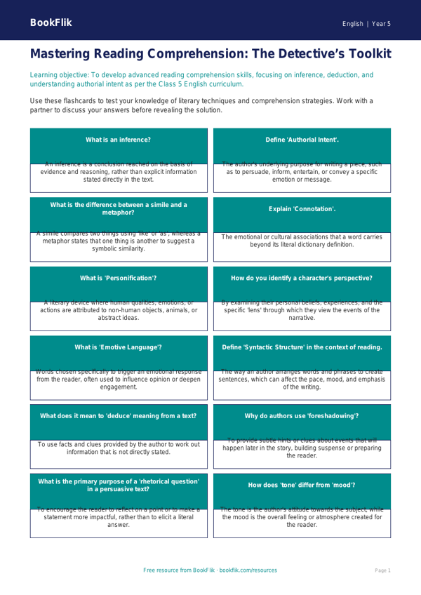 Free Reading Comprehension Flashcards | Class 5 | English | BookFlik worksheet preview — English Reading Comprehension