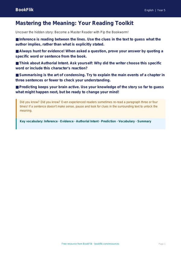 Free Reading Comprehension Poster | Class 5 | English | BookFlik worksheet preview — English Reading Comprehension