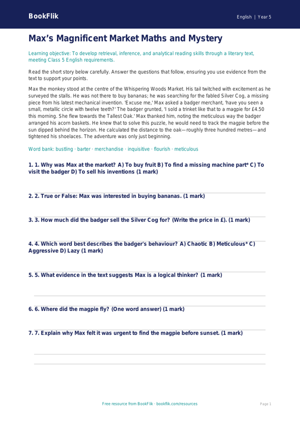 Free Reading Comprehension Quiz | Class 5 | English | BookFlik worksheet preview — English Reading Comprehension