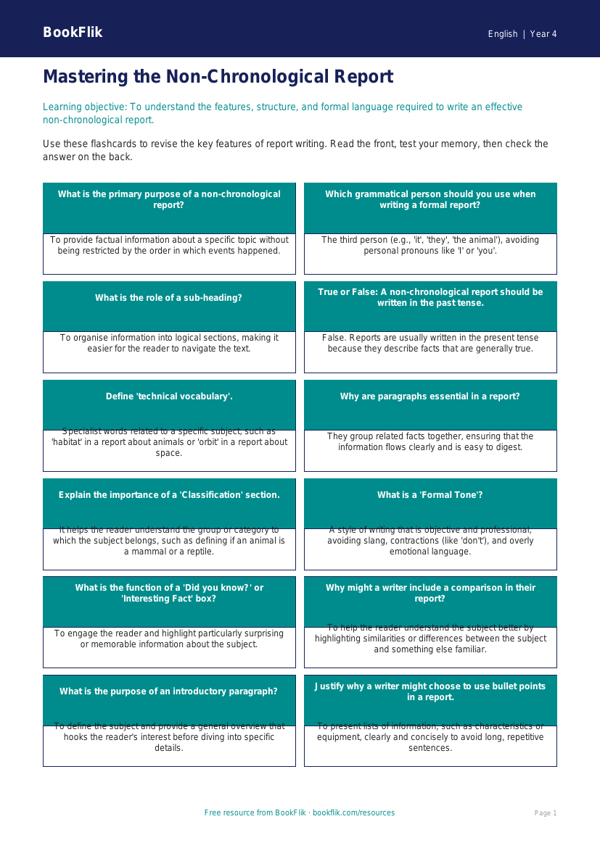 Free Report Writing Flashcards | Class 4 | English | BookFlik worksheet preview — English Report Writing